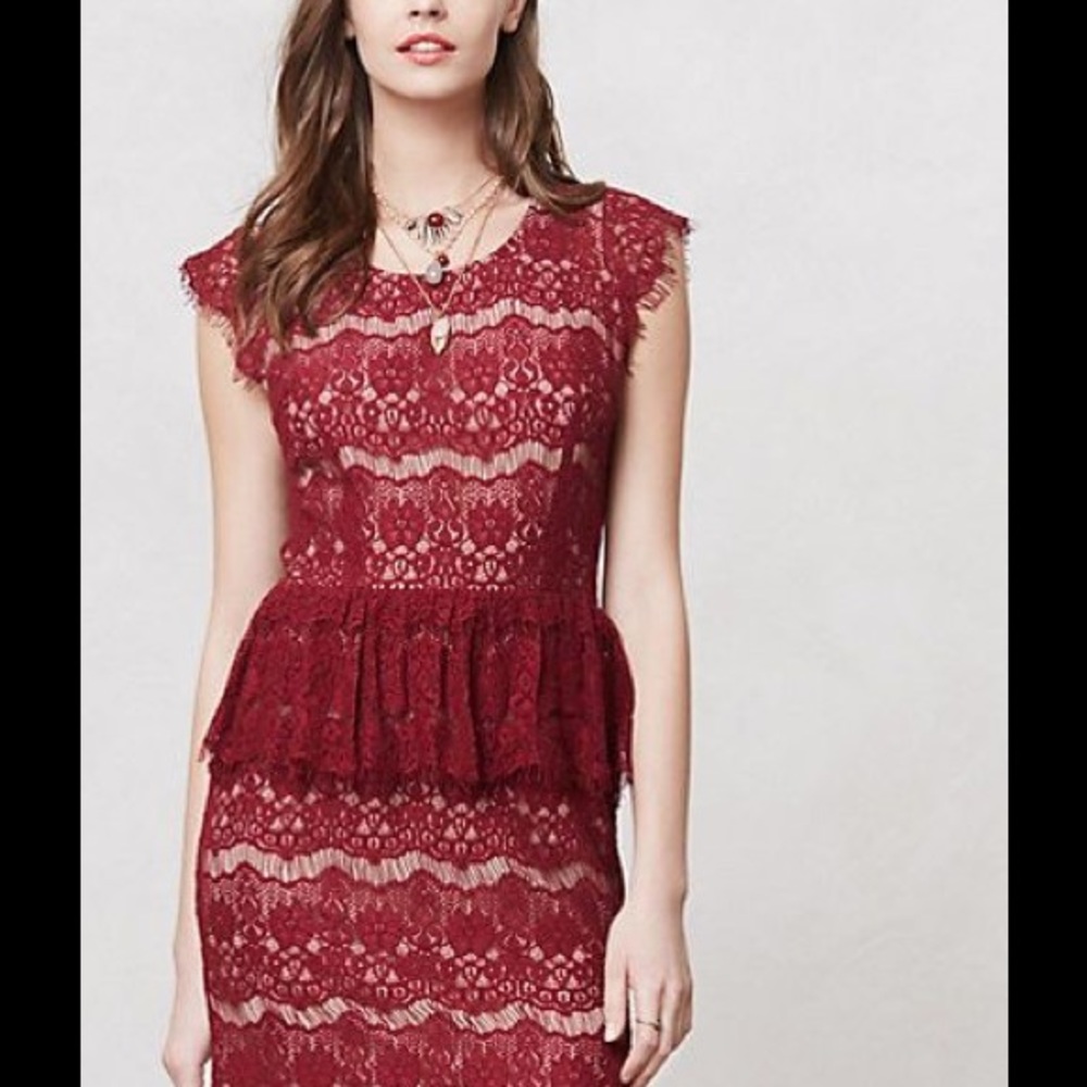 EUC Anthro Red Lace Peplum Cocktail Dress